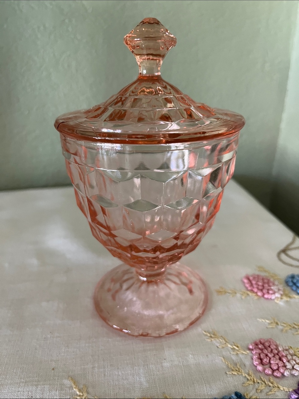 Vintage Pink Cube Pattern Covered Pedestal Candy Dish 6.5”